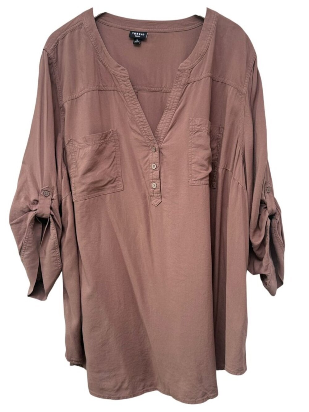 Torrid Harper Blouse Plus Size 5X Cocoa Brown 3/4 Sleeve Roll Tab Womens Top